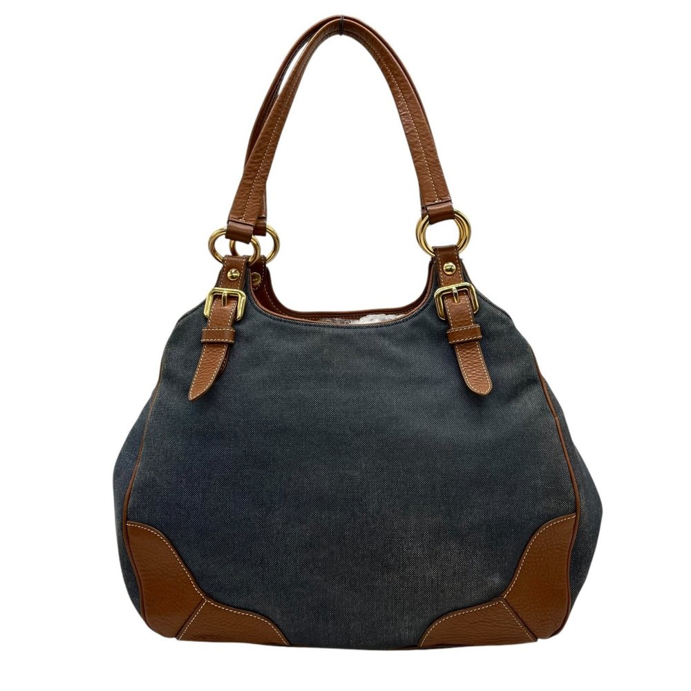 PRADA Prada Logo Jacquard Tote Bag Shoulder Denim Leather Blue Brown Gold Har... - Picture 3 of 16